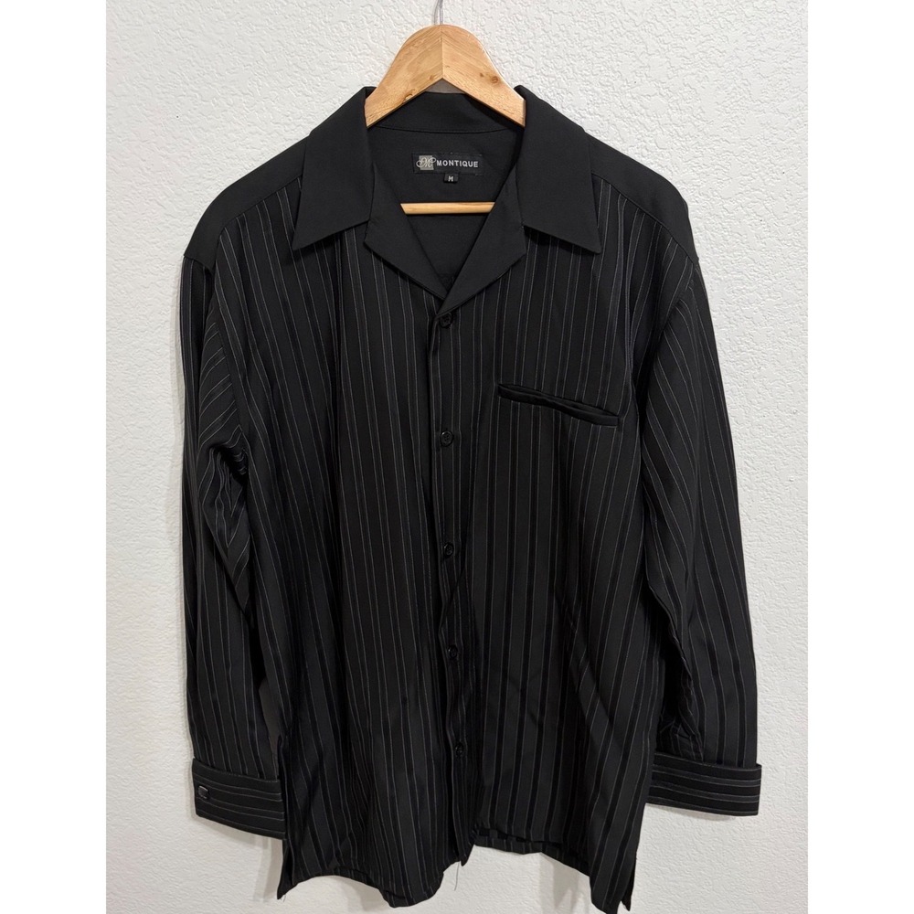 Montique Mens Black Pinstripe Long Sleeve Button Down Shirt Size M Camp Collar